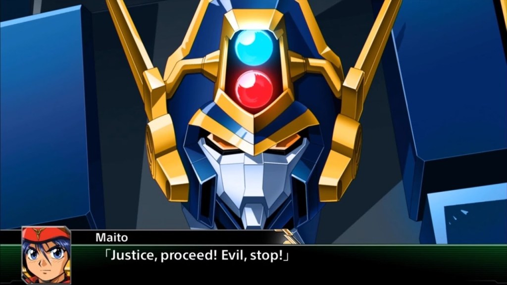 A screenshot from Super Robot Wars featuring the robot Might Gaine. Its pilot, Maito, says "Justice, proceed! Evil, stop!" 